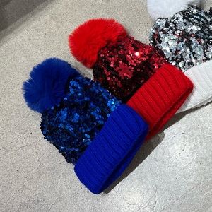 Royal Blue Sparkly Beanie with Faux Fur Pompom